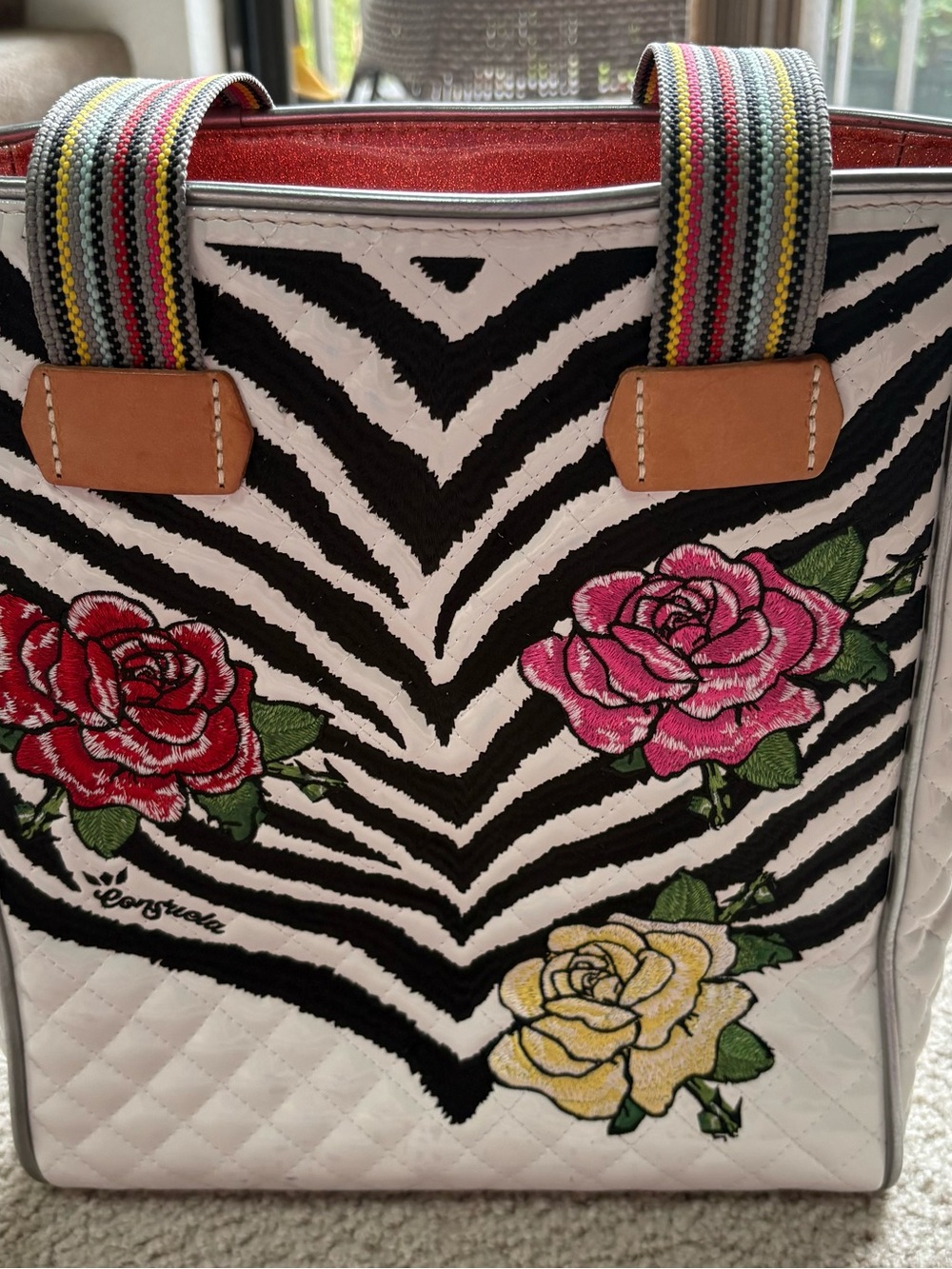 Consuela Floral Zebra Embroidered Tote Bag - Pink, Red & Yellow